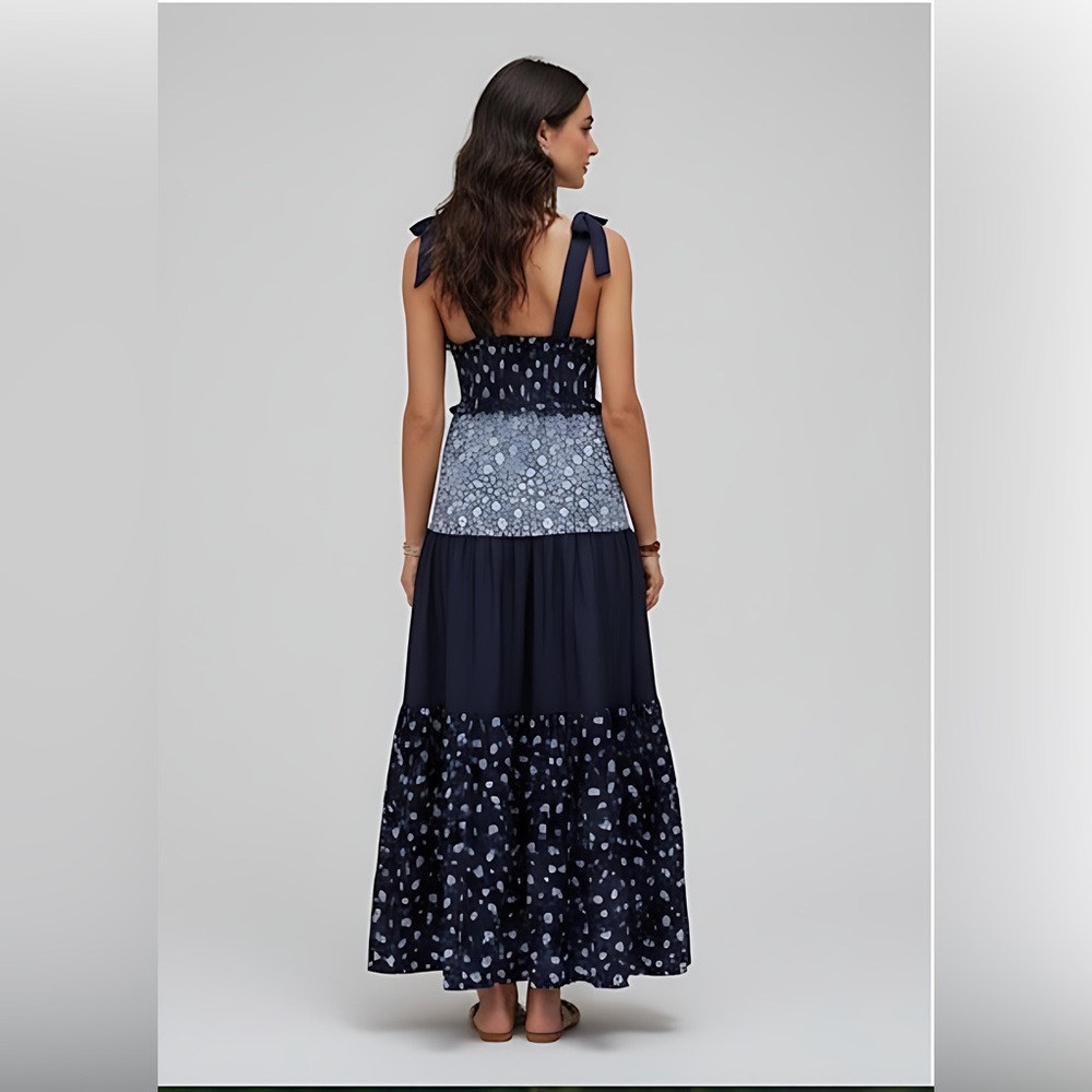 Boho Ditsy Floral Long Dress With Tie Waist, Ruffled Hem Blue - Picture 2 of 8